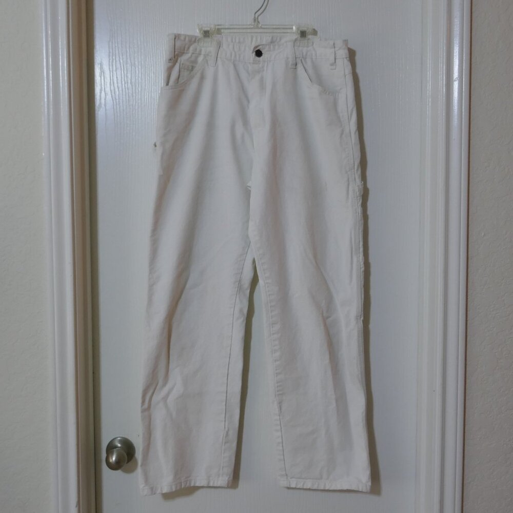 Dickies Carpenter Pants Mens 30Wx29L White 100% Cotton Utility Work Hammer Loop